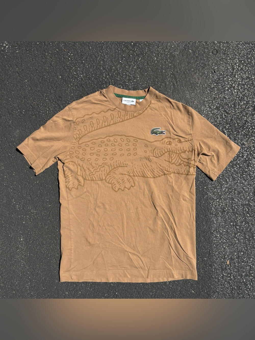 Lacoste Loose Fit Brown Crocodile Print Embroidered Crewneck T-Shirt Preppy USA